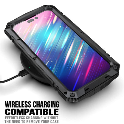 For iPhone 14 Pro Max 6.7 inch Dust-proof Splash-proof Anti-fall Phone Case Metal + Silicone + PC Kickstand Anti-wear Shell with Tempered Glass Film