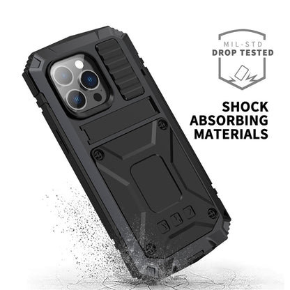 For iPhone 14 Pro Max 6.7 inch Dust-proof Splash-proof Anti-fall Phone Case Metal + Silicone + PC Kickstand Anti-wear Shell with Tempered Glass Film