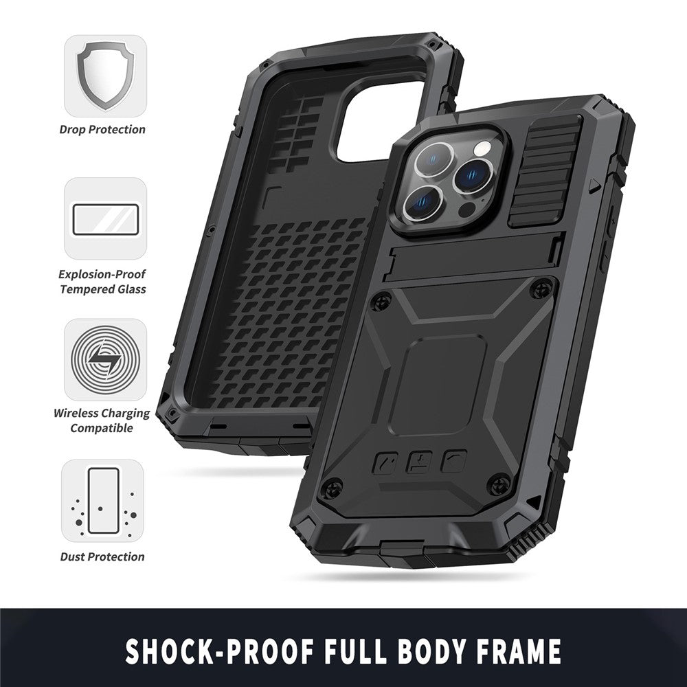 For iPhone 14 Pro Max 6.7 inch Dust-proof Splash-proof Anti-fall Phone Case Metal + Silicone + PC Kickstand Anti-wear Shell with Tempered Glass Film