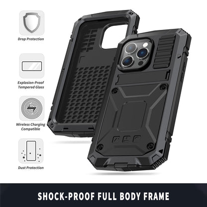 For iPhone 14 Pro Max 6.7 inch Dust-proof Splash-proof Anti-fall Phone Case Metal + Silicone + PC Kickstand Anti-wear Shell with Tempered Glass Film