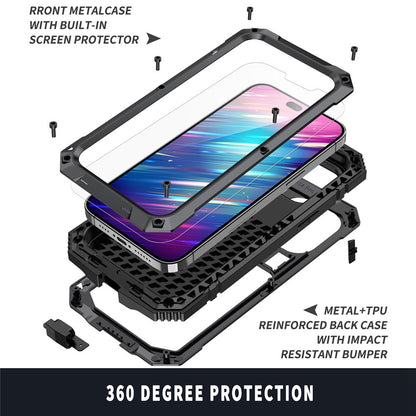 For iPhone 14 Pro Max 6.7 inch Dust-proof Splash-proof Anti-fall Phone Case Metal + Silicone + PC Kickstand Anti-wear Shell with Tempered Glass Film