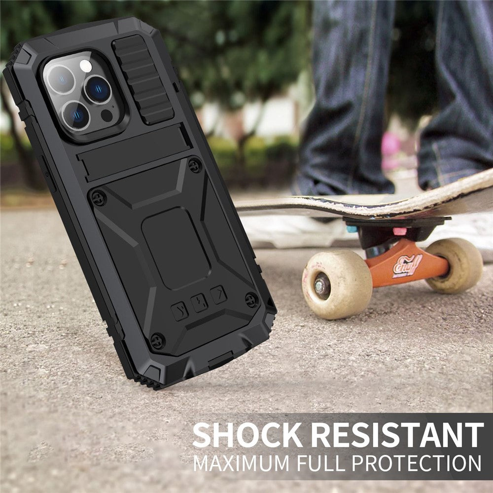 For iPhone 14 Pro Max 6.7 inch Dust-proof Splash-proof Anti-fall Phone Case Metal + Silicone + PC Kickstand Anti-wear Shell with Tempered Glass Film