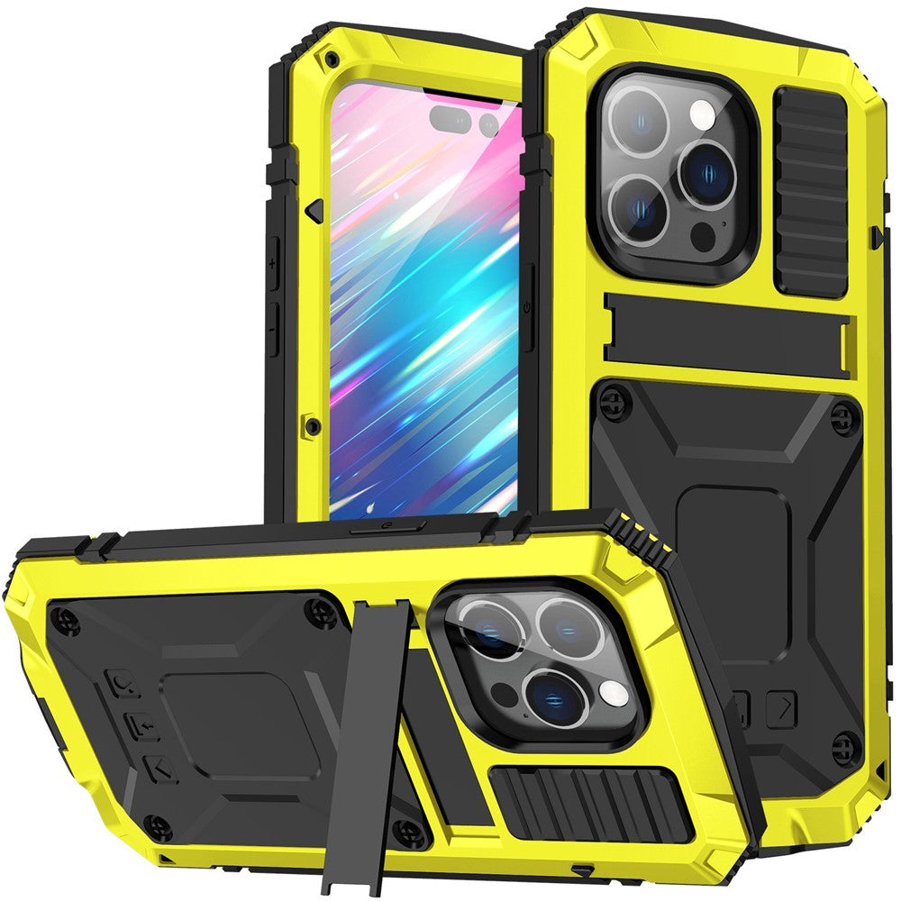 For iPhone 14 Pro Max 6.7 inch Dust-proof Splash-proof Anti-fall Phone Case Metal + Silicone + PC Kickstand Anti-wear Shell with Tempered Glass Film