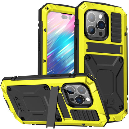 For iPhone 14 Pro Max 6.7 inch Dust-proof Splash-proof Anti-fall Phone Case Metal + Silicone + PC Kickstand Anti-wear Shell with Tempered Glass Film