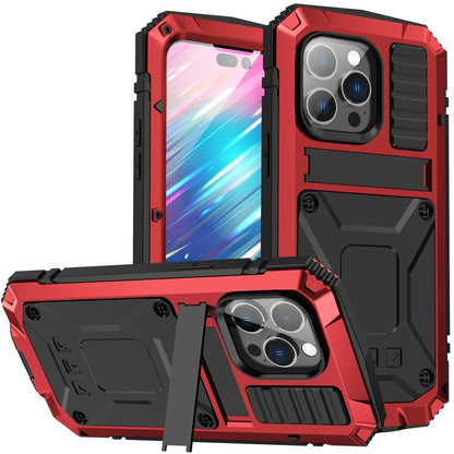 For iPhone 14 Pro Max 6.7 inch Dust-proof Splash-proof Anti-fall Phone Case Metal + Silicone + PC Kickstand Anti-wear Shell with Tempered Glass Film