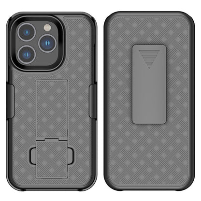 For iPhone 14 Pro Max 6.7 inch Sliding Screen Cover Rotary Clip Kickstand Case Woven Texture PC + TPU Phone Protector
