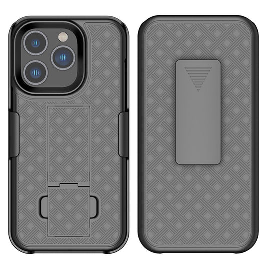 For iPhone 14 Pro Max 6.7 inch Sliding Screen Cover Rotary Clip Kickstand Case Woven Texture PC + TPU Phone Protector