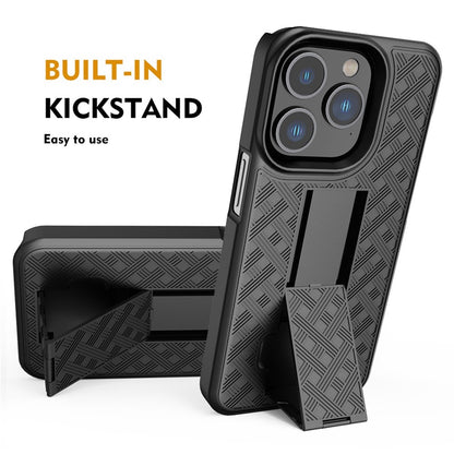 For iPhone 14 Pro Max 6.7 inch Sliding Screen Cover Rotary Clip Kickstand Case Woven Texture PC + TPU Phone Protector