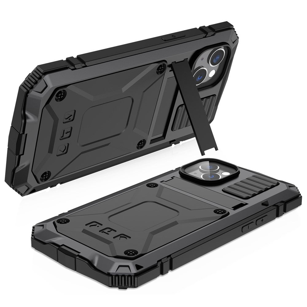 R-JUST for iPhone 14 Plus Hybrid Phone Case Protective Drop-proof Back Cover Kickstand with Tempered Glass Film Screen Protector