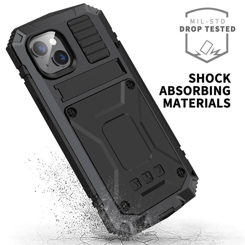 R-JUST for iPhone 14 Plus Hybrid Phone Case Protective Drop-proof Back Cover Kickstand with Tempered Glass Film Screen Protector