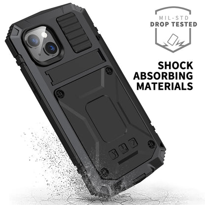 R-JUST for iPhone 14 Plus Hybrid Phone Case Protective Drop-proof Back Cover Kickstand with Tempered Glass Film Screen Protector