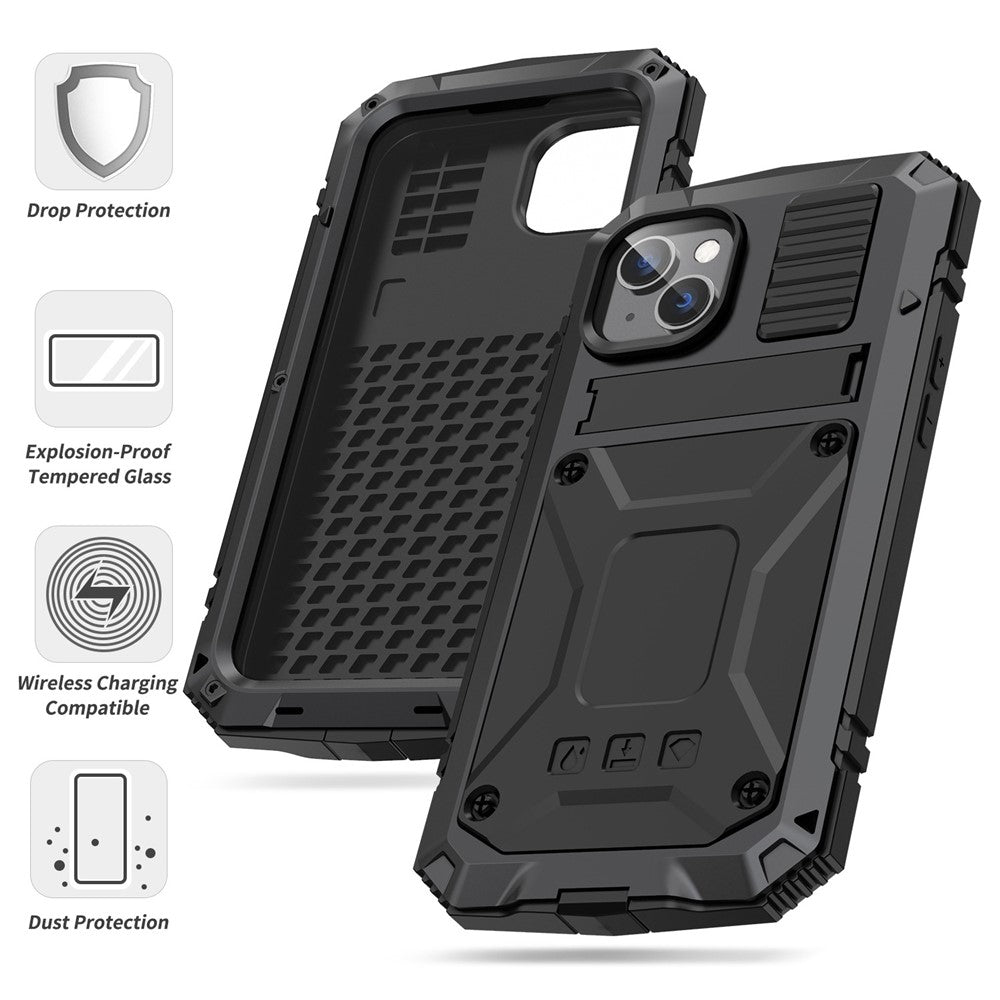 R-JUST for iPhone 14 Plus Hybrid Phone Case Protective Drop-proof Back Cover Kickstand with Tempered Glass Film Screen Protector