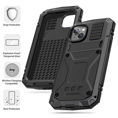 R-JUST for iPhone 14 Plus Hybrid Phone Case Protective Drop-proof Back Cover Kickstand with Tempered Glass Film Screen Protector