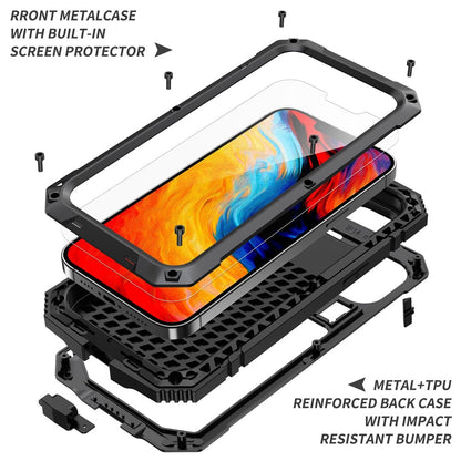 R-JUST for iPhone 14 Plus Hybrid Phone Case Protective Drop-proof Back Cover Kickstand with Tempered Glass Film Screen Protector