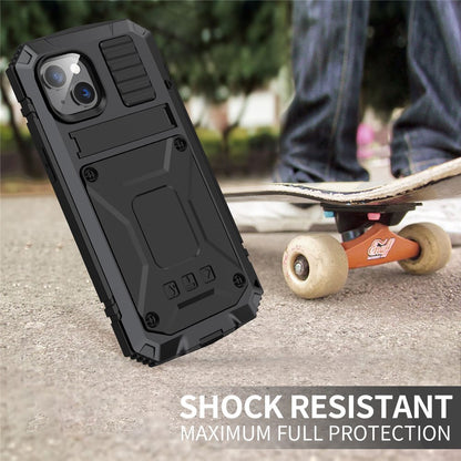 R-JUST for iPhone 14 Plus Hybrid Phone Case Protective Drop-proof Back Cover Kickstand with Tempered Glass Film Screen Protector