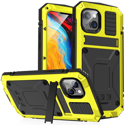 R-JUST for iPhone 14 Plus Hybrid Phone Case Protective Drop-proof Back Cover Kickstand with Tempered Glass Film Screen Protector