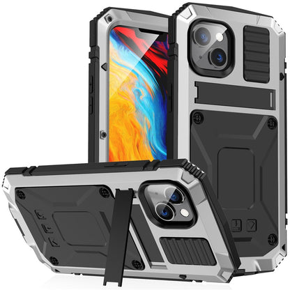 R-JUST for iPhone 14 Plus Hybrid Phone Case Protective Drop-proof Back Cover Kickstand with Tempered Glass Film Screen Protector