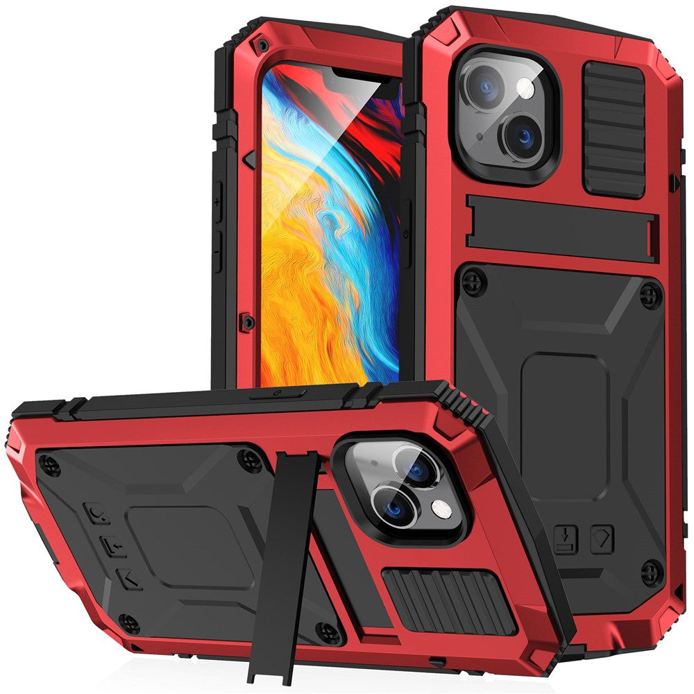 R-JUST for iPhone 14 Plus Hybrid Phone Case Protective Drop-proof Back Cover Kickstand with Tempered Glass Film Screen Protector