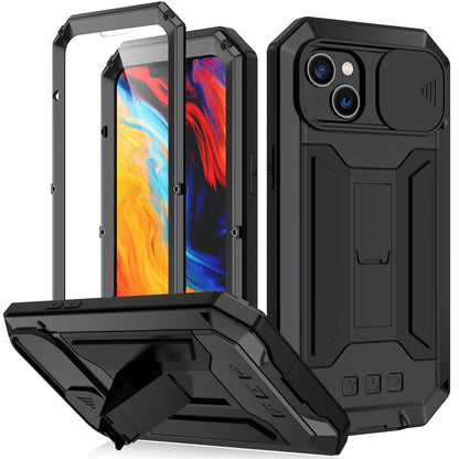 R-JUST For iPhone 14 6.1 inch Slide Camera Cover Silicone + Metal + Tempered Glass Screen Protector Phone Case Drop-proof Cover with Kickstand