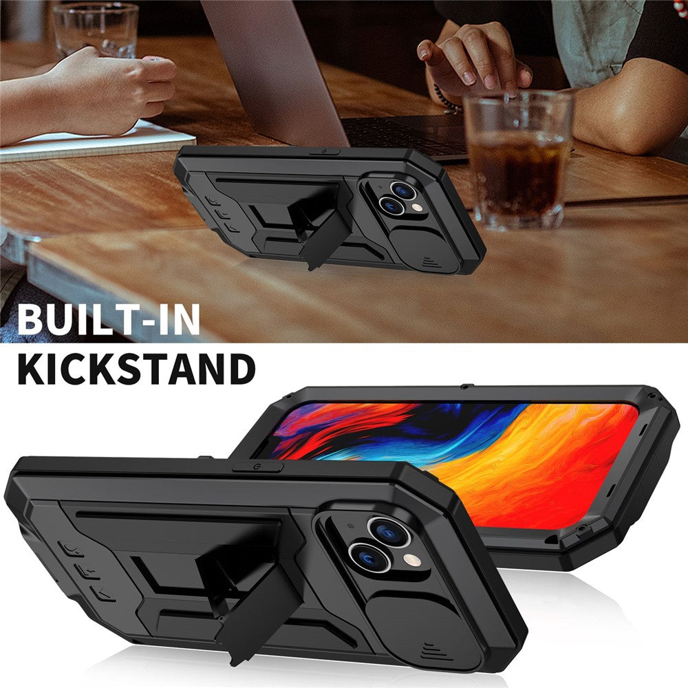 R-JUST For iPhone 14 6.1 inch Slide Camera Cover Silicone + Metal + Tempered Glass Screen Protector Phone Case Drop-proof Cover with Kickstand