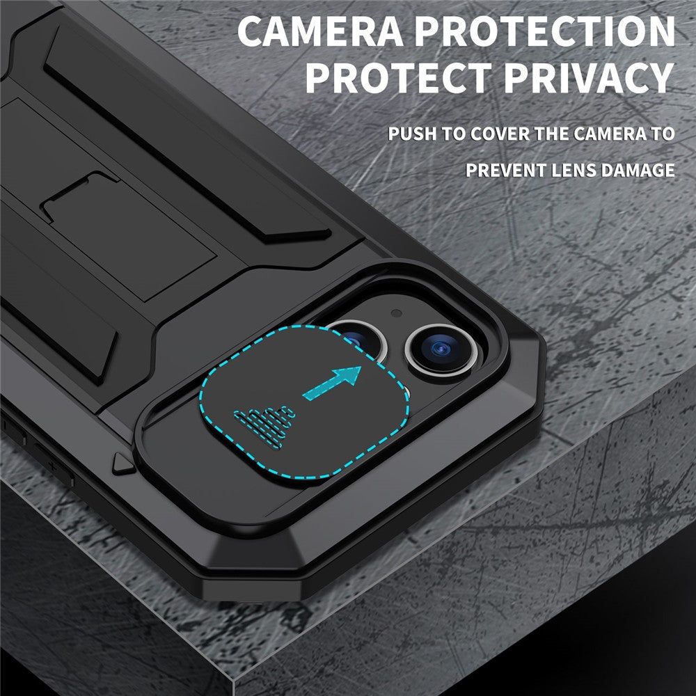 R-JUST For iPhone 14 6.1 inch Slide Camera Cover Silicone + Metal + Tempered Glass Screen Protector Phone Case Drop-proof Cover with Kickstand