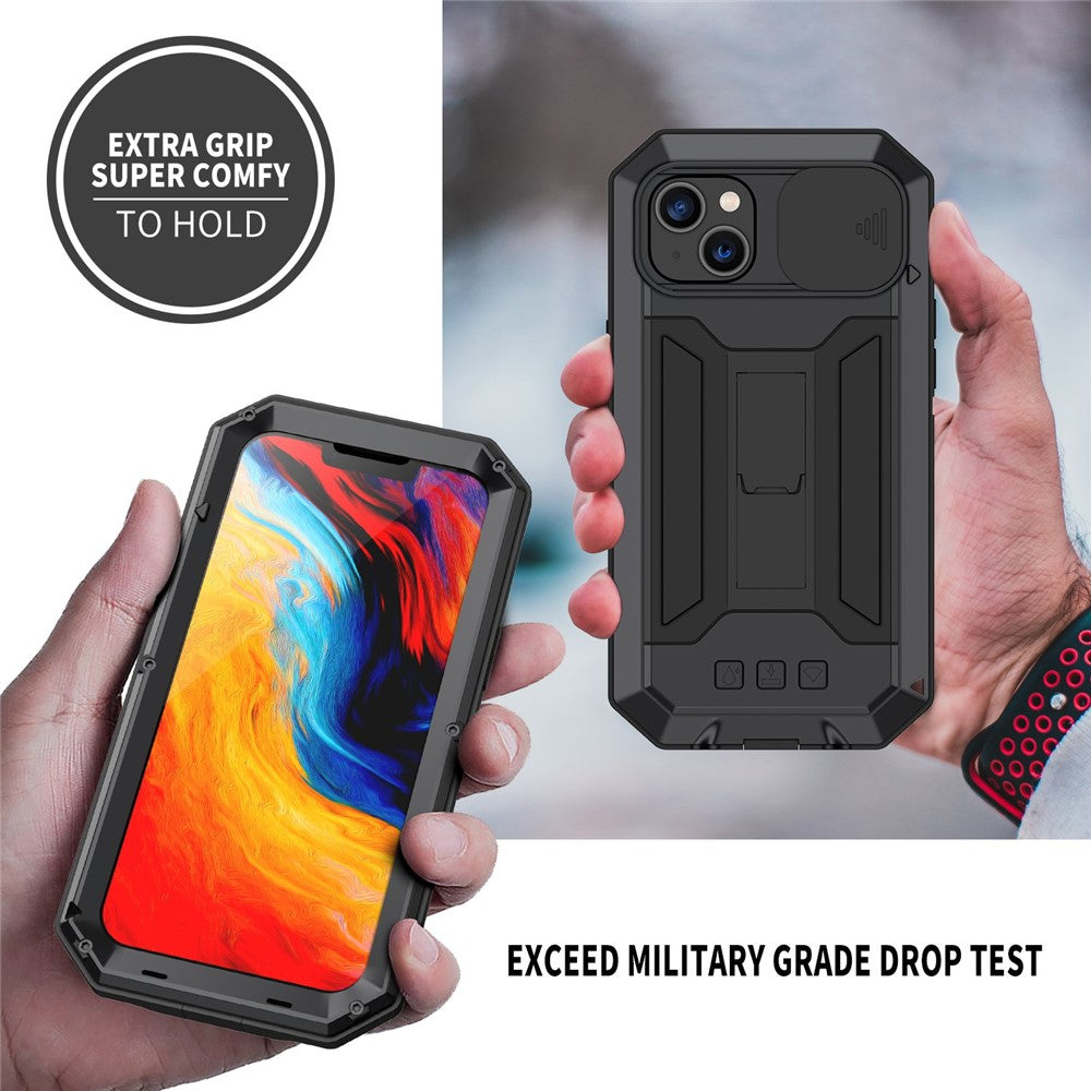 R-JUST For iPhone 14 6.1 inch Slide Camera Cover Silicone + Metal + Tempered Glass Screen Protector Phone Case Drop-proof Cover with Kickstand