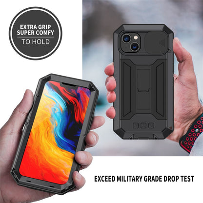 R-JUST For iPhone 14 6.1 inch Slide Camera Cover Silicone + Metal + Tempered Glass Screen Protector Phone Case Drop-proof Cover with Kickstand