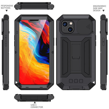 R-JUST For iPhone 14 6.1 inch Slide Camera Cover Silicone + Metal + Tempered Glass Screen Protector Phone Case Drop-proof Cover with Kickstand