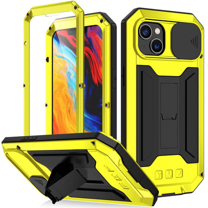 R-JUST For iPhone 14 6.1 inch Slide Camera Cover Silicone + Metal + Tempered Glass Screen Protector Phone Case Drop-proof Cover with Kickstand
