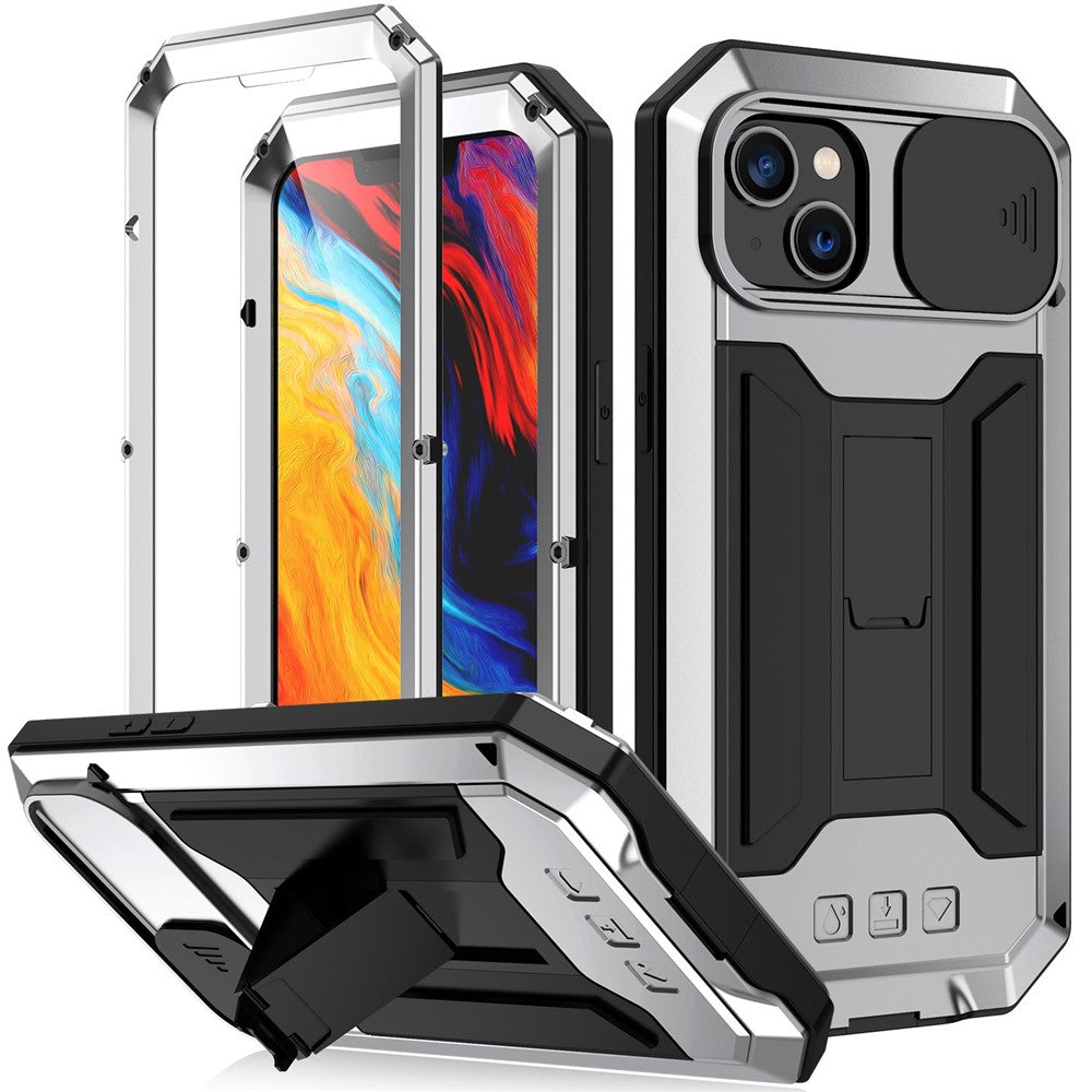 R-JUST For iPhone 14 6.1 inch Slide Camera Cover Silicone + Metal + Tempered Glass Screen Protector Phone Case Drop-proof Cover with Kickstand