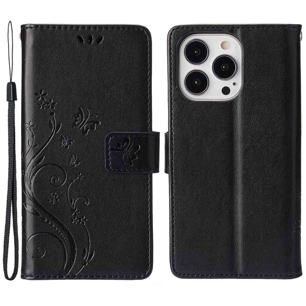 For iPhone 14 Pro Max 6.7 inch Imprinted Butterflies PU Leather Flip Wallet Case Stand Anti-fall Phone Cover with Strap