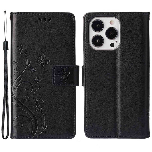 For iPhone 14 Pro Max 6.7 inch Imprinted Butterflies PU Leather Flip Wallet Case Stand Anti-fall Phone Cover with Strap