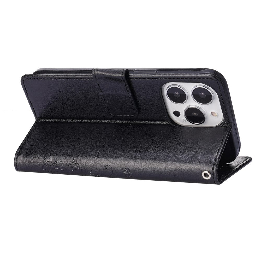 For iPhone 14 Pro Max 6.7 inch Imprinted Butterflies PU Leather Flip Wallet Case Stand Anti-fall Phone Cover with Strap