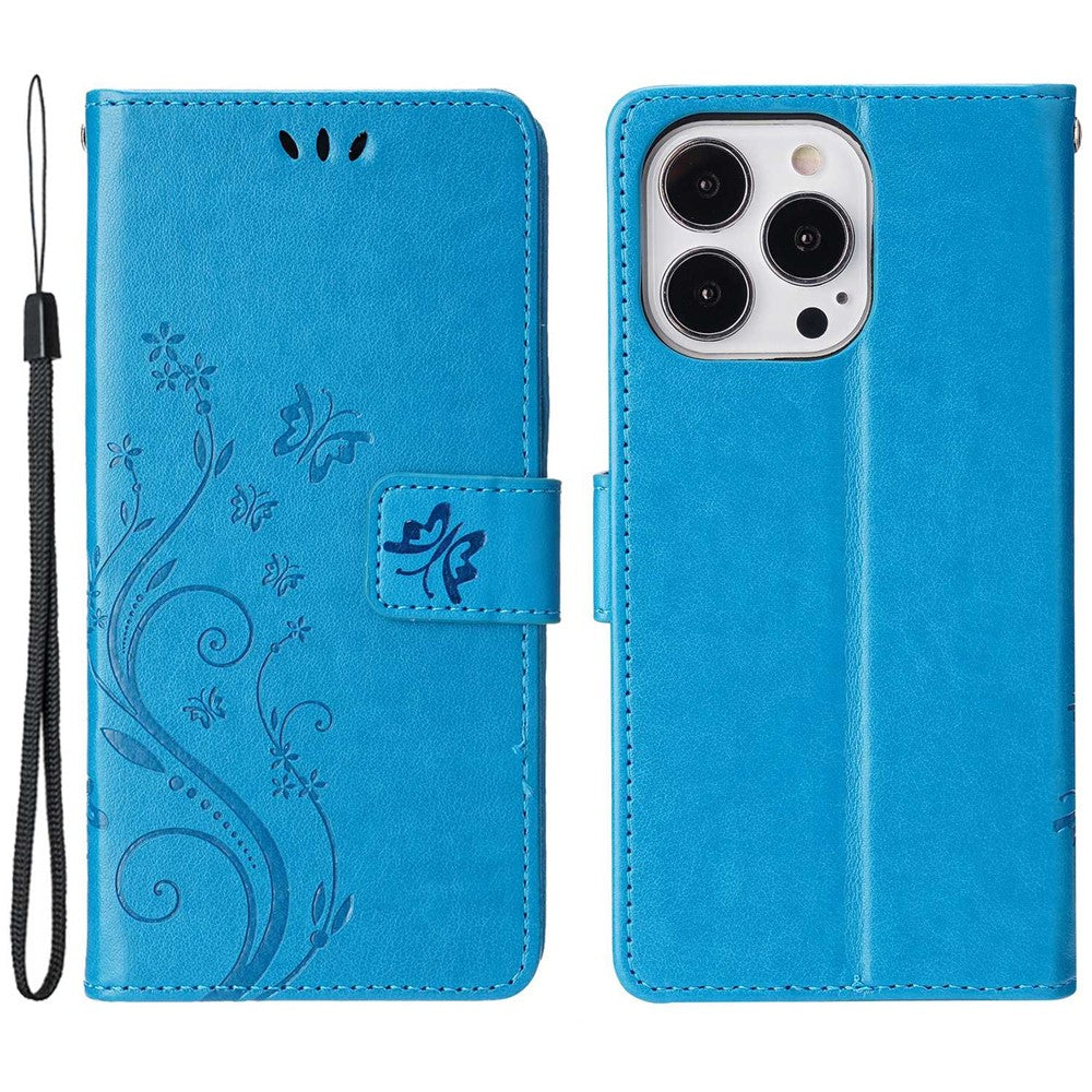 For iPhone 14 Pro Max 6.7 inch Imprinted Butterflies PU Leather Flip Wallet Case Stand Anti-fall Phone Cover with Strap