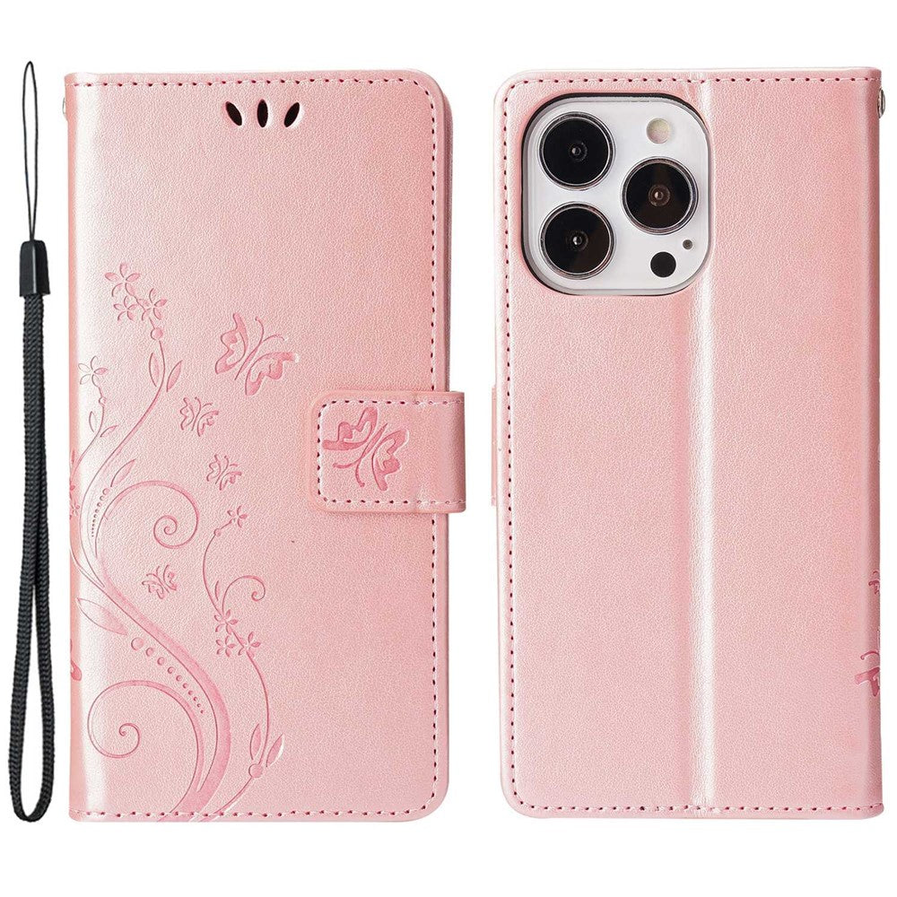 For iPhone 14 Pro Max 6.7 inch Imprinted Butterflies PU Leather Flip Wallet Case Stand Anti-fall Phone Cover with Strap