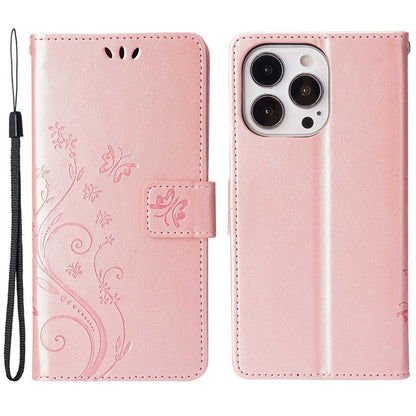 For iPhone 14 Pro Max 6.7 inch Imprinted Butterflies PU Leather Flip Wallet Case Stand Anti-fall Phone Cover with Strap
