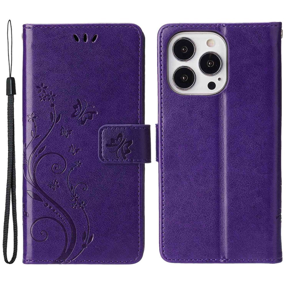 For iPhone 14 Pro Max 6.7 inch Imprinted Butterflies PU Leather Flip Wallet Case Stand Anti-fall Phone Cover with Strap