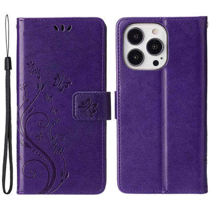 For iPhone 14 Pro Max 6.7 inch Imprinted Butterflies PU Leather Flip Wallet Case Stand Anti-fall Phone Cover with Strap