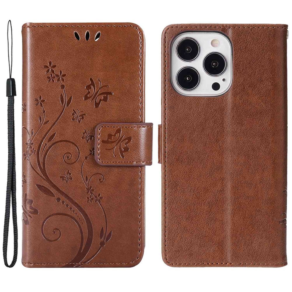For iPhone 14 Pro Max 6.7 inch Imprinted Butterflies PU Leather Flip Wallet Case Stand Anti-fall Phone Cover with Strap