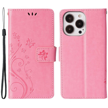 For iPhone 14 Pro Max 6.7 inch Imprinted Butterflies PU Leather Flip Wallet Case Stand Anti-fall Phone Cover with Strap