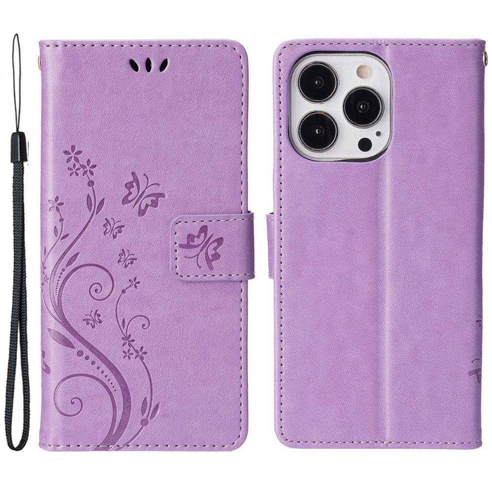 For iPhone 14 Pro Max 6.7 inch Imprinted Butterflies PU Leather Flip Wallet Case Stand Anti-fall Phone Cover with Strap