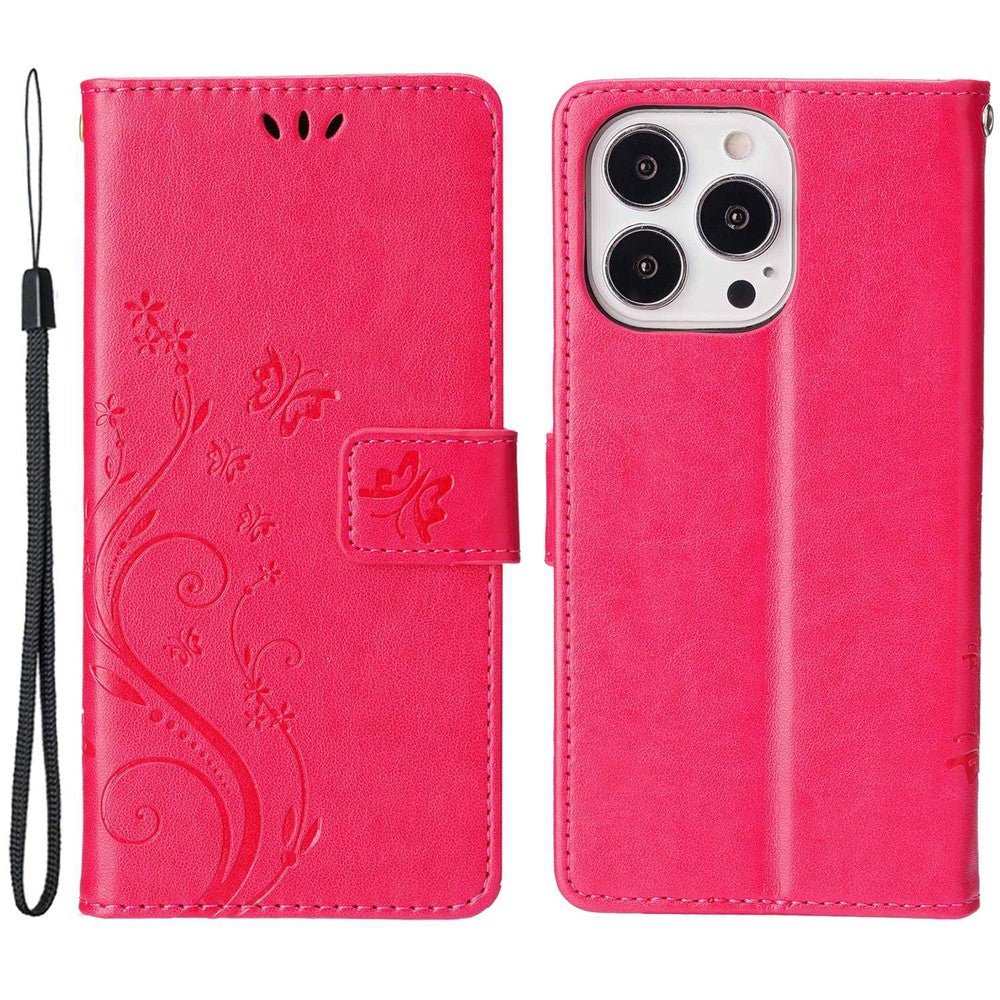 For iPhone 14 Pro Max 6.7 inch Imprinted Butterflies PU Leather Flip Wallet Case Stand Anti-fall Phone Cover with Strap