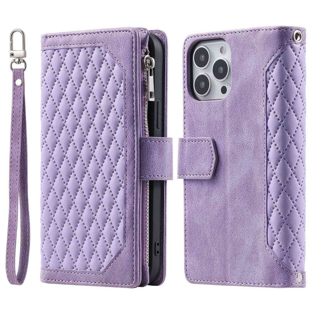 For iPhone 14 Pro Max 6.7 inch Drop-proof Zipper Pocket Phone Cover Card Holder Rhombus Grid Texture Anti-scratch PU Leather Flip Wallet Stand Case