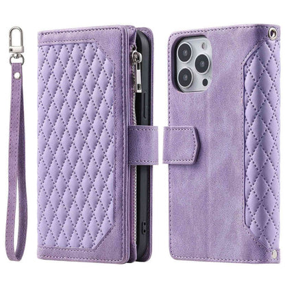 For iPhone 14 Pro Max 6.7 inch Drop-proof Zipper Pocket Phone Cover Card Holder Rhombus Grid Texture Anti-scratch PU Leather Flip Wallet Stand Case