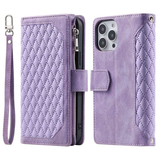 For iPhone 14 Pro Max 6.7 inch Drop-proof Zipper Pocket Phone Cover Card Holder Rhombus Grid Texture Anti-scratch PU Leather Flip Wallet Stand Case