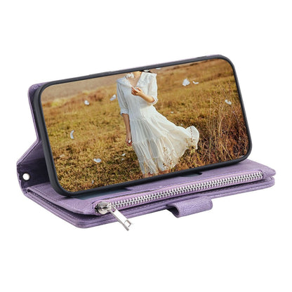 For iPhone 14 Pro Max 6.7 inch Drop-proof Zipper Pocket Phone Cover Card Holder Rhombus Grid Texture Anti-scratch PU Leather Flip Wallet Stand Case