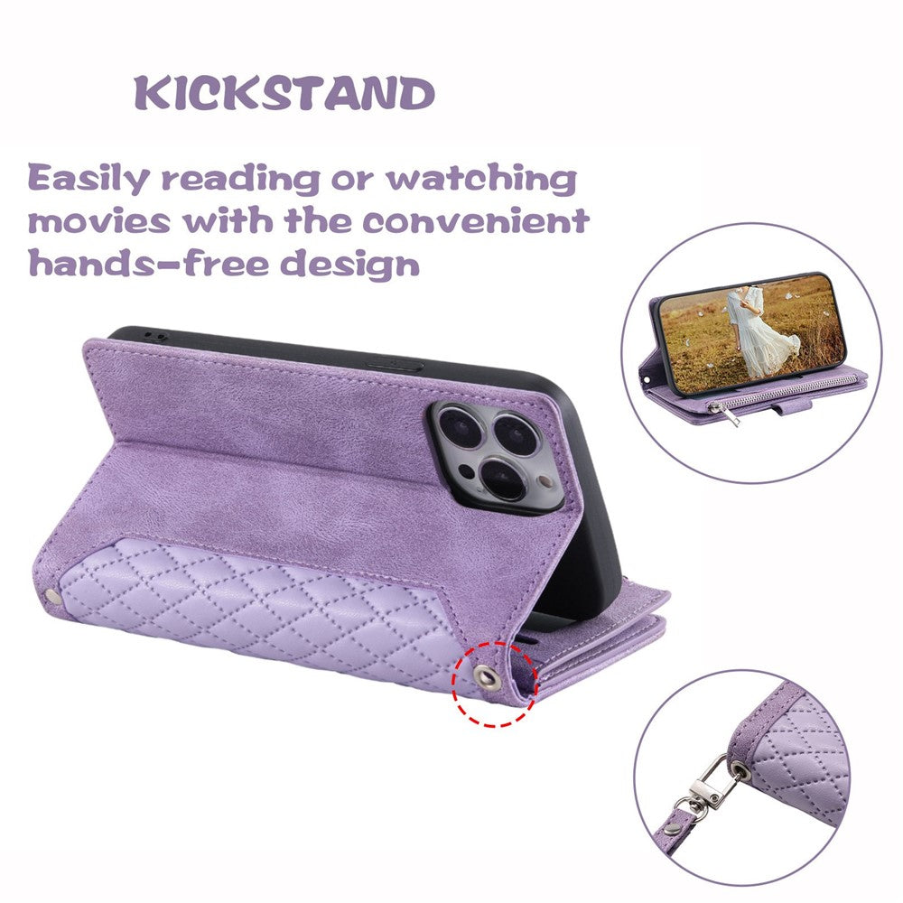 For iPhone 14 Pro Max 6.7 inch Drop-proof Zipper Pocket Phone Cover Card Holder Rhombus Grid Texture Anti-scratch PU Leather Flip Wallet Stand Case