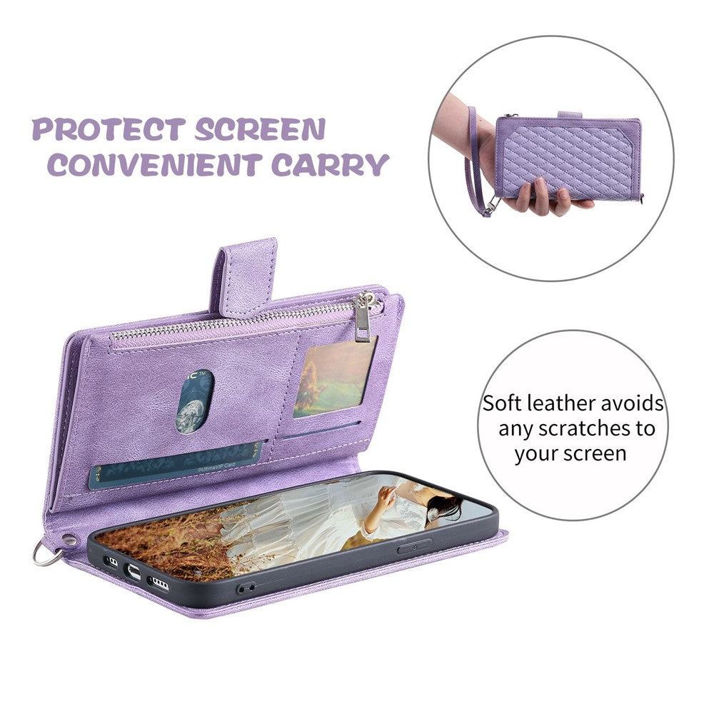 For iPhone 14 Pro Max 6.7 inch Drop-proof Zipper Pocket Phone Cover Card Holder Rhombus Grid Texture Anti-scratch PU Leather Flip Wallet Stand Case