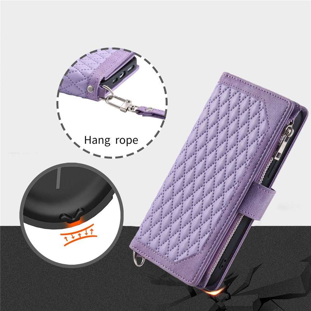 For iPhone 14 Pro Max 6.7 inch Drop-proof Zipper Pocket Phone Cover Card Holder Rhombus Grid Texture Anti-scratch PU Leather Flip Wallet Stand Case