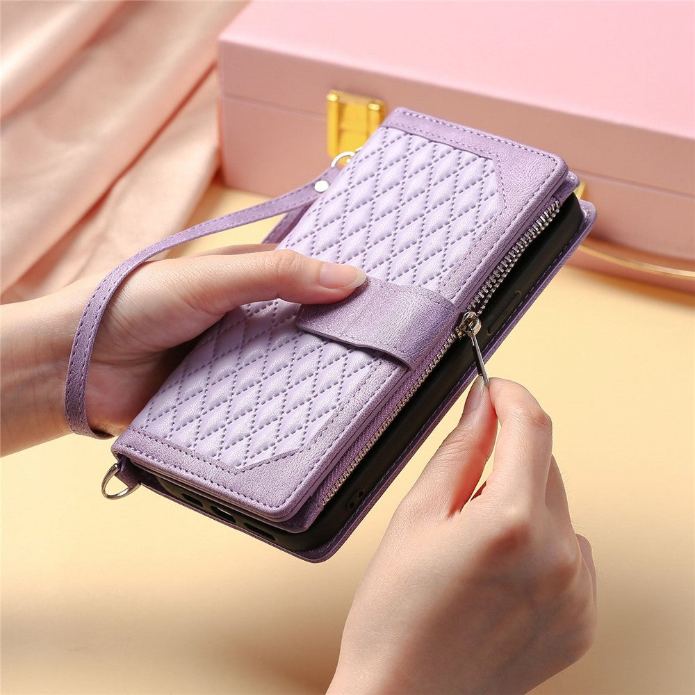 For iPhone 14 Pro Max 6.7 inch Drop-proof Zipper Pocket Phone Cover Card Holder Rhombus Grid Texture Anti-scratch PU Leather Flip Wallet Stand Case